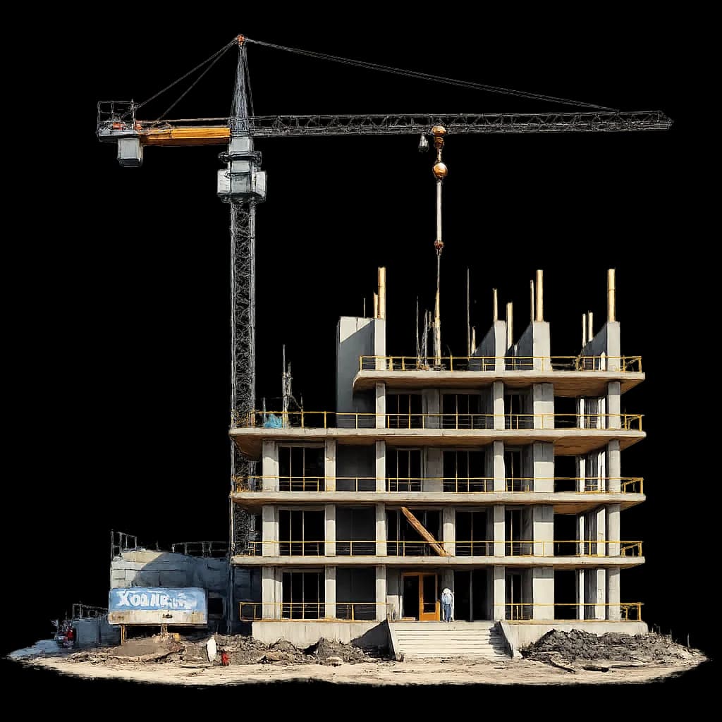 Illustration of a multi-storey RCC building under construction with a tower crane
